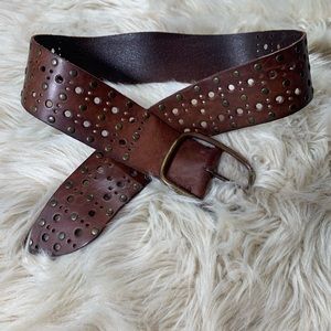 Express brown leather belt with antiques brass studs